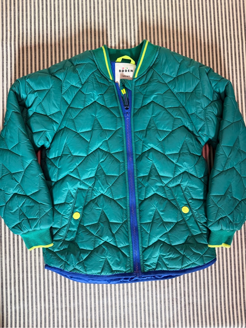 Boden Green Quilted Kids Bomber with Neon Trim